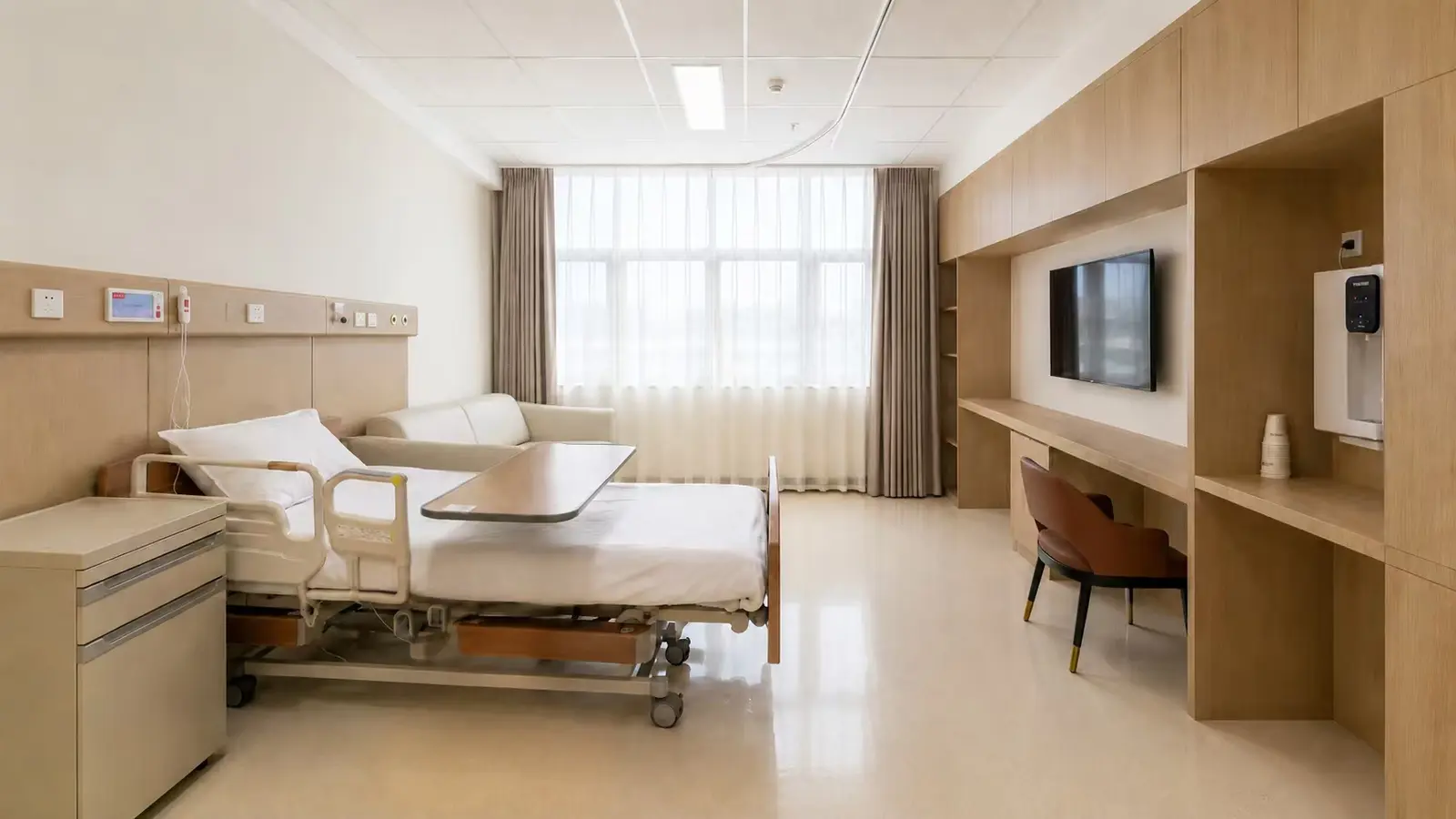Private recovery room with patient bed and work area