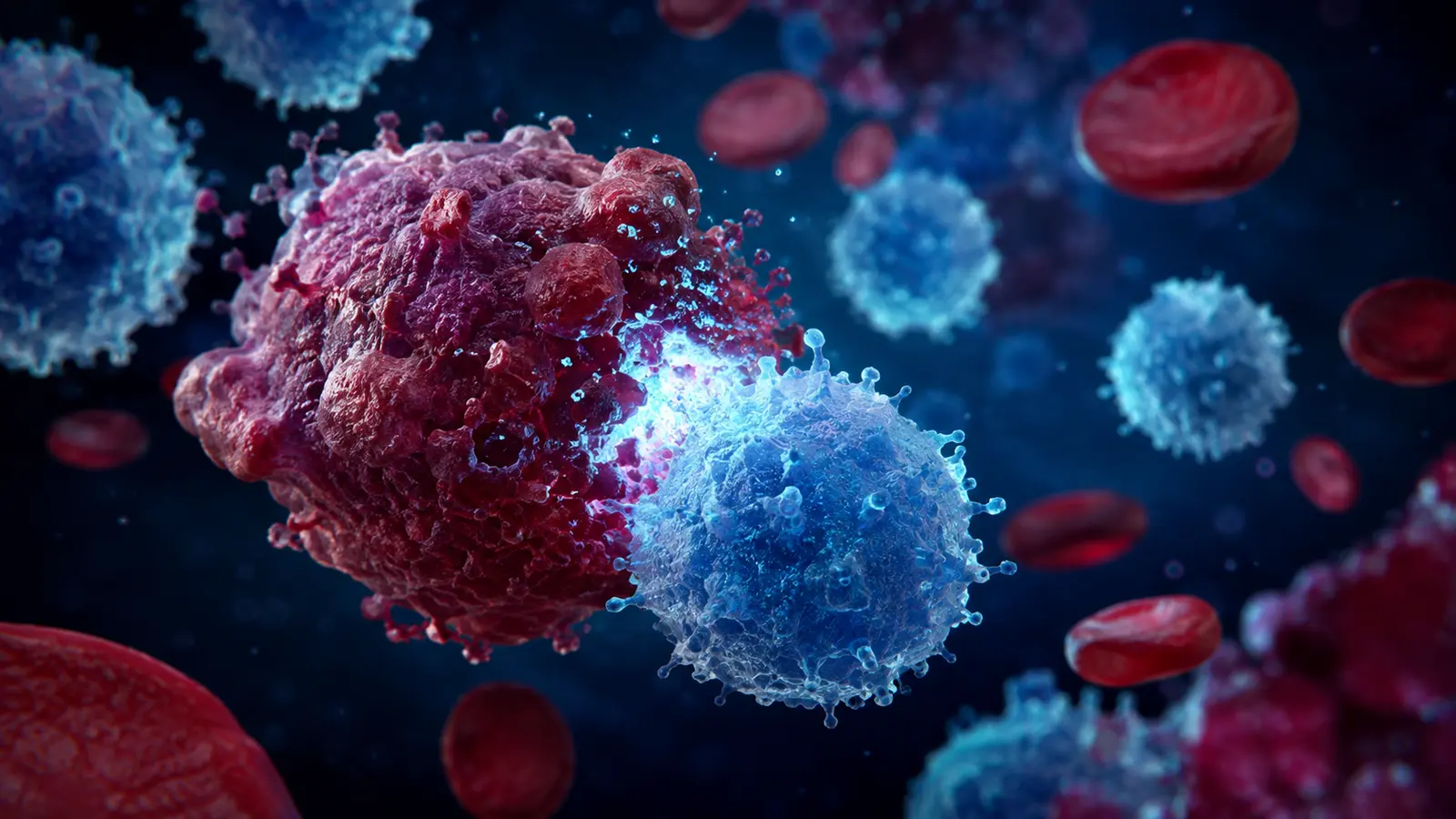 Editorial visualization of engineered T cells targeting blood cancer cells