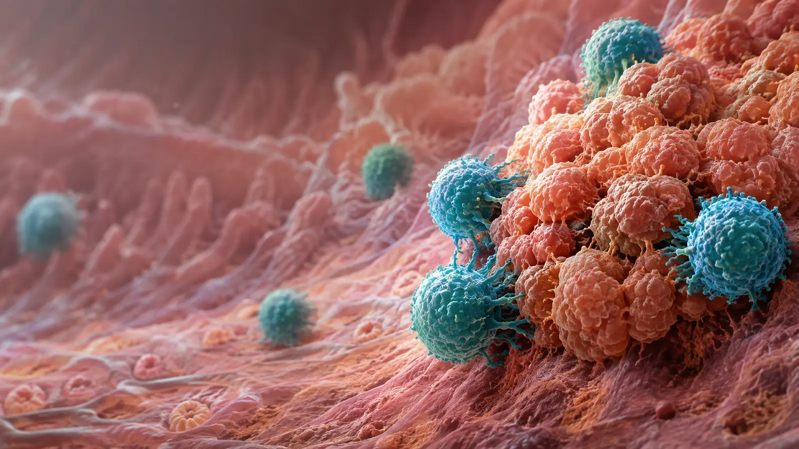 Editorial visualization of engineered T cells interacting with gastric tumour tissue