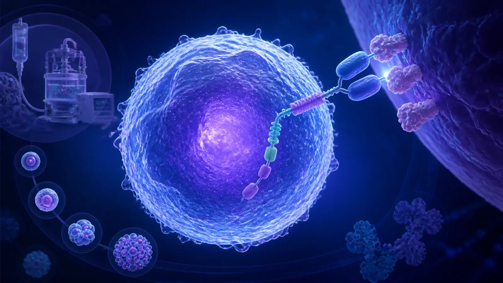 Editorial visualization of an engineered CAR-T cell and receptor interaction