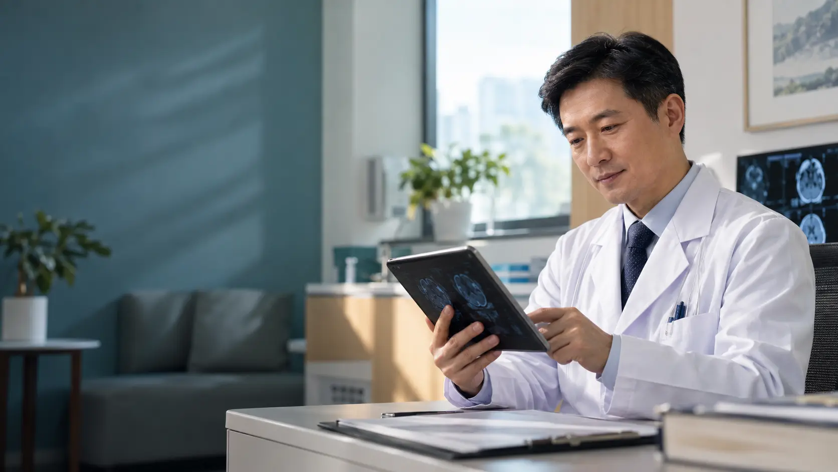 Fictional Chinese physician reviewing diagnostic images on a tablet in a modern consultation room