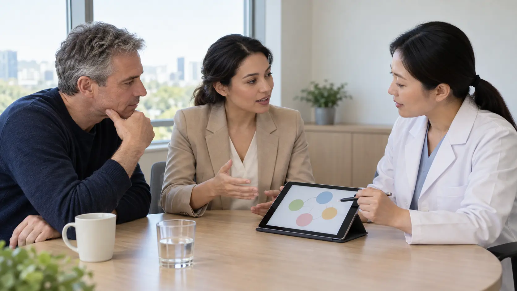 AI-generated illustration of a fictional international patient, coordinator and physician discussing care planning