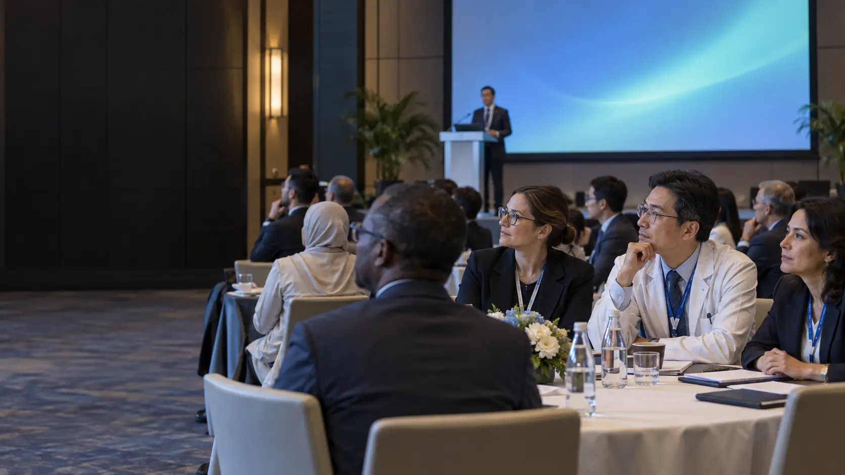 AI-generated illustration of fictional international oncology professionals at a conference