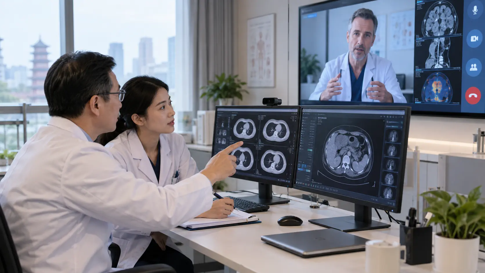 AI-generated illustration of fictional oncologists discussing imaging with a remote specialist