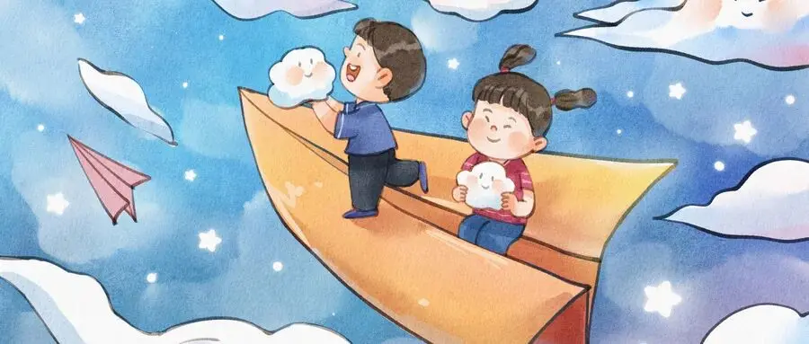 Watercolor illustration of two children riding a paper airplane through clouds